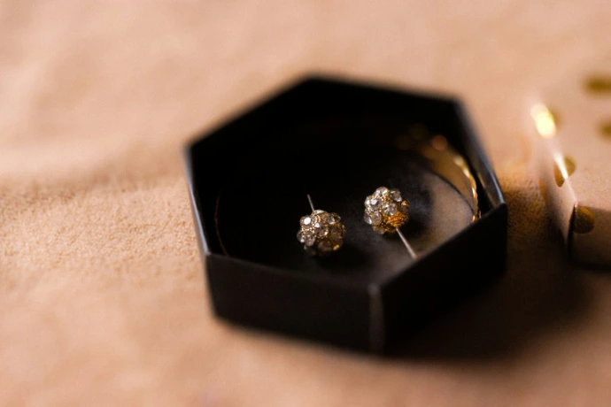 a close up of a pair of earrings in a box